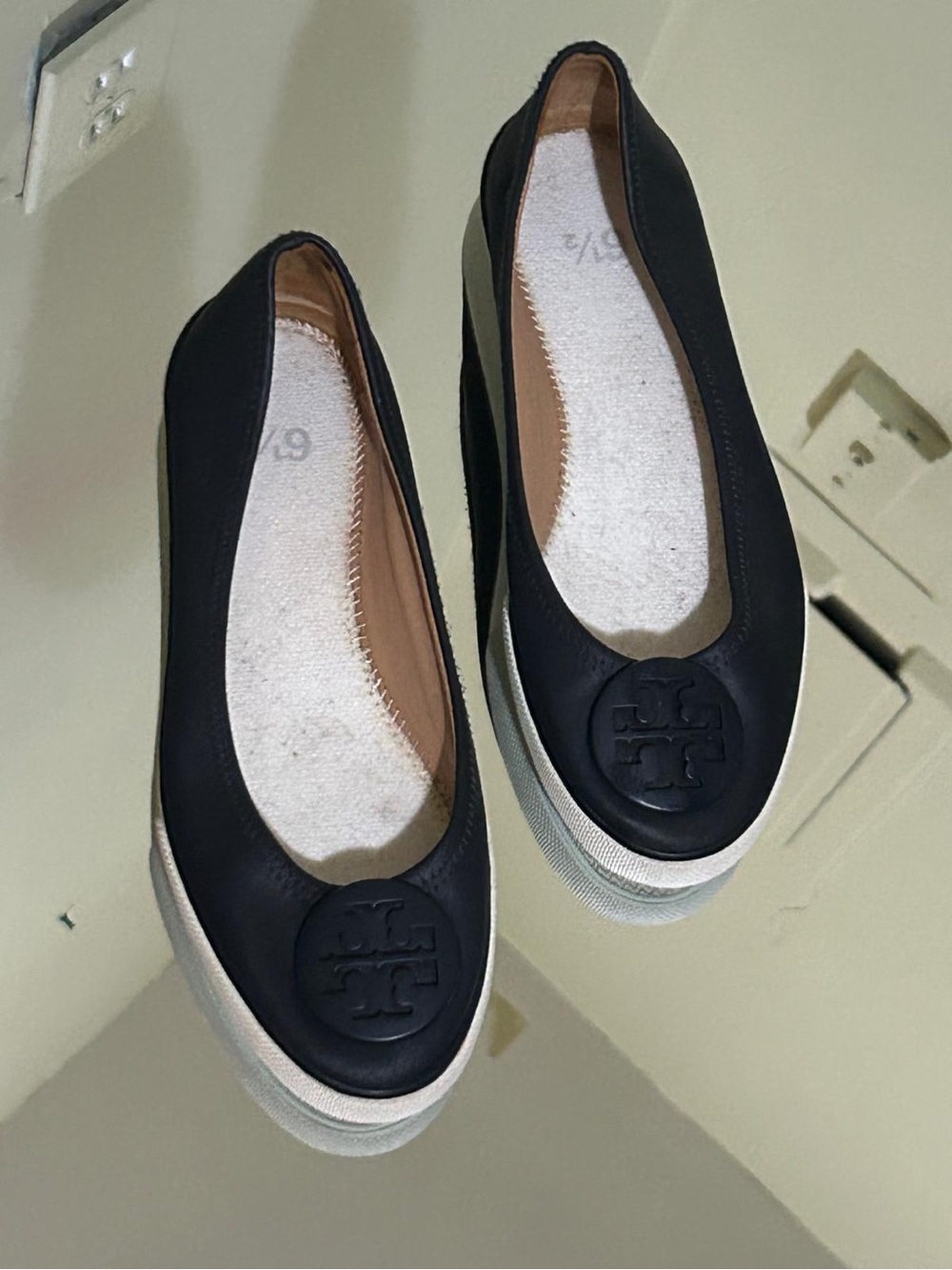 Tory Burch Black Leather Slip-On Platform Flats with White Sole